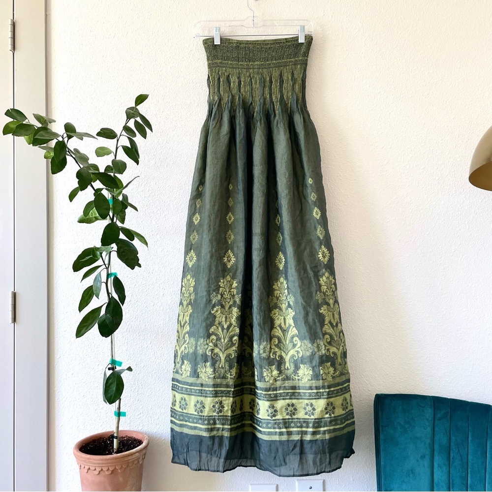 SOLD strapless OS lapis green hippie floral midi smocked dress #0002